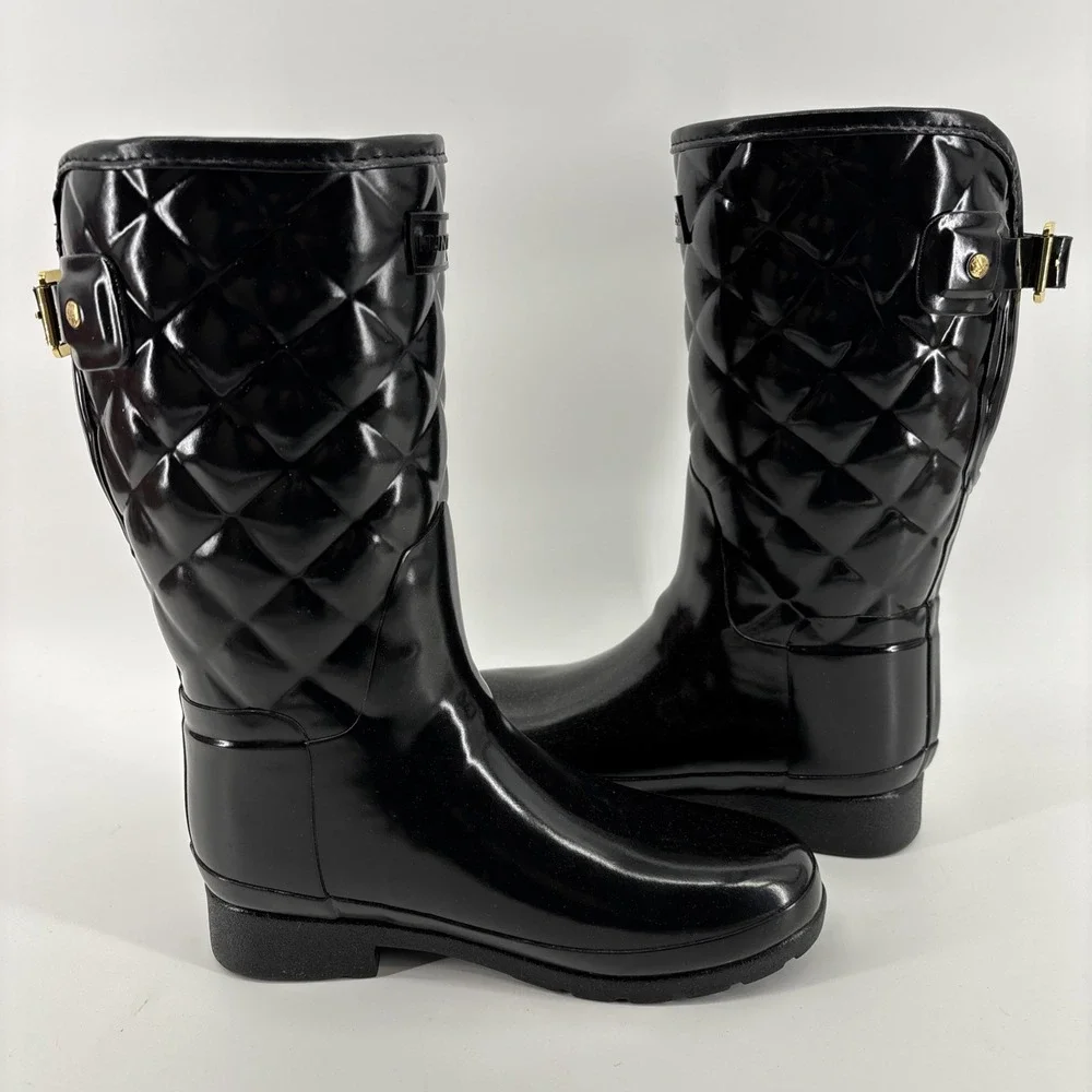 Hunter Refined Black Gloss Quilted Short Rain Boots Women's US 5 EU 36‎ Pull On